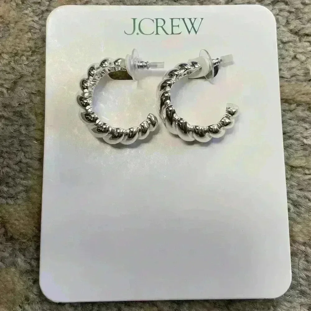 New J Crew Spiral Hoop Silver Earrings  With Gift Bag